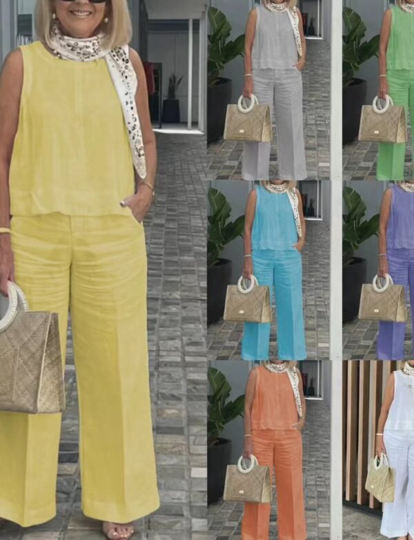 2024 Summer Women's Amazon Cotton and Linen Suit, European and American Sleeveless Top, Wide-leg Pants, Two-Piece Girly Style