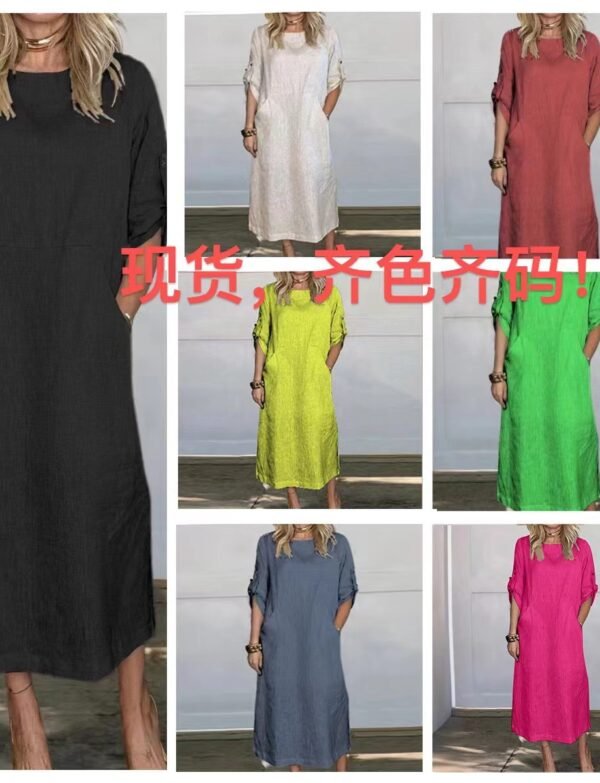 亚马逊新款2024欧美跨境欧美夏季风宽松休闲纯色短袖棉麻连衣裙